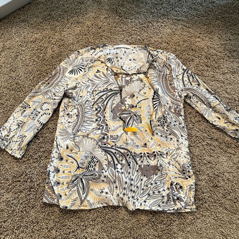Armand Thiery Patterned Blouse with Yellow Feather Accents